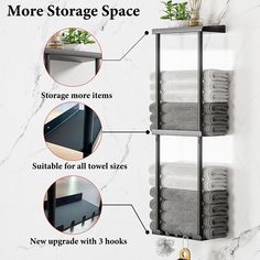 The Vowupt Bathroom Towel Storage Rack in a sleek matte black finish offers an innovative 3-tier wall-mounted design, transforming cluttered bathrooms into organized havens. This durable metal organizer is specifically crafted to maximize vertical space, making it an ideal solution for storing rolled towels and essential bathroom items with both style and efficiency.Upgraded 3-Tier Design: Categorize and store towels of various sizes with ease, enhanced by a horizontal bar support to prevent items from falling.Integrated Hooks & Top Shelf: Features 3 convenient hooks for hanging towels, clothes, or bath accessories, plus a top metal shelf for additional storage of paper rolls or decorative accents.Space-Saving Vertical Storage: Its unique wall-mounted configuration expertly utilizes vertic Small Bathroom Towel, Wall Towel Racks, Bathroom Towel Storage, Bath Towel Holder, Bath Organization, Metal Bathroom, How To Roll Towels, Bath Ball, Towel Organization