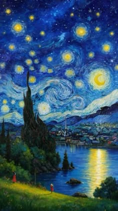 a painting of the night sky with stars above water