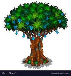 a tree with green leaves and blue flowers on the branches is isolated against a white background