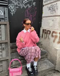 Layering Autumn Outfits, Blazer Outfits Colorful, Colorful Plaid Outfit, Bright Color Outfits, Retro Pink Sweater Style, Pink Chunky Loafers Outfit, Loafers Outfit Colorful, How To Style Pink Loafers, Pink Socks Outfit Ideas