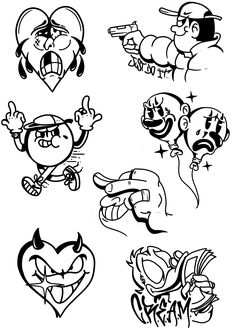 cartoon characters drawn in black and white with different expressions on their faces, including the word love