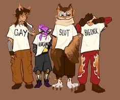 three cartoon characters are standing next to each other and one is wearing a t - shirt with the word gay on it