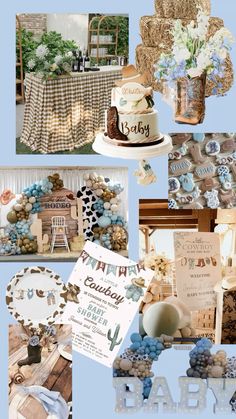 baby shower collage with blue and white decorations