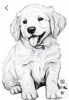 a black and white drawing of a puppy with his tongue out, sitting on the ground