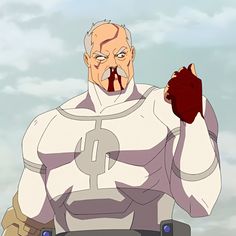 an older man in a white and grey suit holding a red glove with his right hand