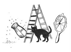 a drawing of a cat standing on a ladder next to a bottle and a clock