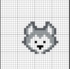 a cross stitch pattern with a cat's head in grey and white, on a gray background