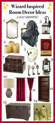 a bunch of items that are on display in a red and white frame with the words wardd inspired room decor ideas