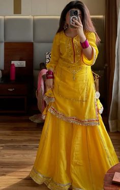 Haldi outfit, mayoun outfit, Haldi guest look, mayoun dress, desi, desi aesthetics, desi vibes, desi fashion, desi look, wedding guest outfit, wedding guest look, gharara, sharara, yellow desi outfit, pakistani fashion, indian fashion, indian outfit, indian dress Yellow Dress Haldi, Yellow Mayon Dress, Holud Dress, Haldi Ceremony Dress For Women, Haldi Punjabi Look, Haldi Dress For Groom Sister, Haldi Outfit For Guest, Simple Haldi Outfit For Bride, Haldi Outfit For Bridesmaid Indian