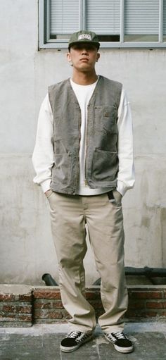 Japanese Carhartt, Carhartt Vest Outfits Men, Carhartt Vest Outfit Men, Carhartt Vest Outfit, Carhartt Outfit, Mechanics Aesthetic, Vest Outfits Men, Music Photoshoot, Carhartt Vest