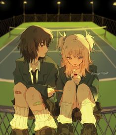 two anime characters sitting on a bench in front of a tennis court with their hands together