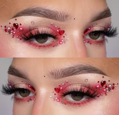 Red Eye Makeup Gems, Red Rhinestone Eye Makeup, Red Eye Makeup With Rhinestones, Red Gems Makeup, Heart Gem Makeup, Red Heart Makeup Look, Red Makeup With Gems, Red Heart Eye Makeup, Heart Eye Clown Makeup