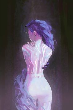 a digital painting of a woman in white dress with purple hair and glasses on her head