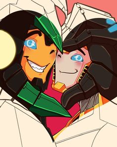 two cartoon characters are hugging each other