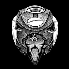 a black and white drawing of a helmet with an eye on it's face
