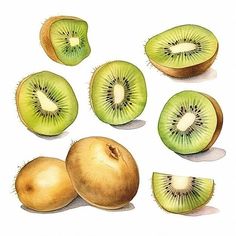 the kiwi is cut in half and ready to be sliced into smaller pieces, including an onion