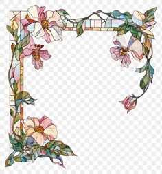 a stained glass frame with flowers and leaves on the edges, transparent background png