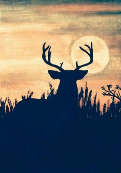 the silhouette of a deer in front of a full moon