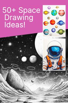 the cover of 50 + space drawing ideas, with an astronaut and planets in the background