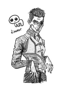 a black and white drawing of a man in a trench coat with his hands on his hips