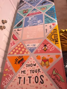a colorful sign with words and pictures on it that says show me your tios