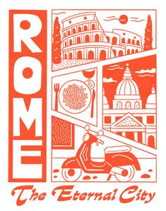 an orange and white poster with the word rome in it's center, surrounded by buildings