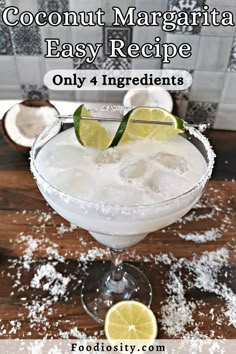 coconut margarita recipe with limes and sugar on the rim