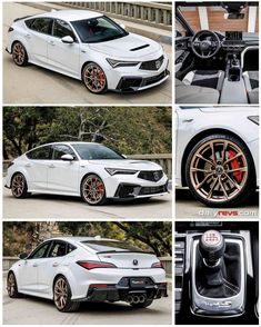 four different views of a white car with gold rims