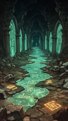 an image of a dark tunnel with green light coming from the entrance and some writing on the ground
