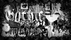 black and white photograph of the word hello kitty written in graffiti style with an image of a woman's face