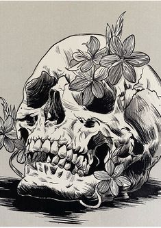 a black and white drawing of a skull with flowers on its head