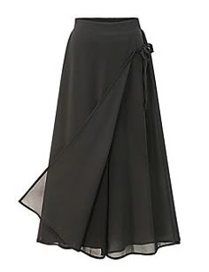 Elegant Asymmetrical Wrap Skirt, Asymmetrical Wrap Skirt Design, Elegant Wide Leg Lined Skirt, Long Pants That Look Like A Skirt, Chic Solid Color Midi Length Bottoms, Elegant Wide Leg Lined Wrap Skirt, Elegant Long Lined Culottes, Elegant Wide Leg Stretch Skirt, Solid Color Stretch Wide Leg Skirt