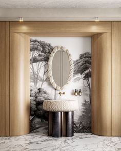 the bathroom is decorated in wood and marble