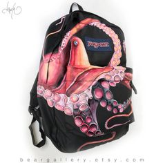 Painted Jansport Backpacks, Painted Backpack, Backpacks With Octopus, Squid Backpack, Octopus Backpack, Octopus Bag For School, Octopus Themed Bag, Colorful Octopus Design Bag, Tropical Turtle Backpack