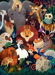 an image of many different animals in the forest