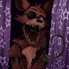 an animal with glasses and a ring in front of a purple curtain that has stars on it