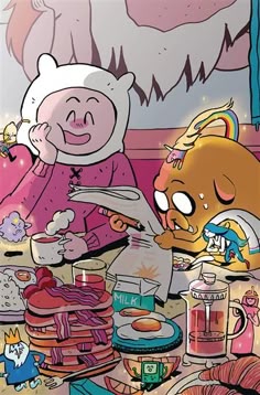 an image of cartoon characters eating at a table with other food items on the table