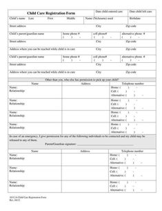 the child care registration form is shown