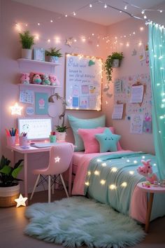 a bedroom decorated in pastel colors with fairy lights