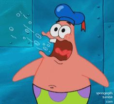 a cartoon character with an open mouth and big eyes wearing a blue hat, swimsuit