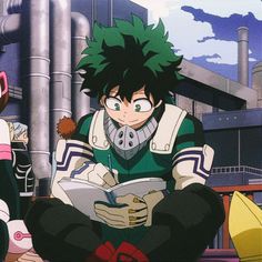two anime characters are sitting on the ground and one is reading a book while the other looks at something