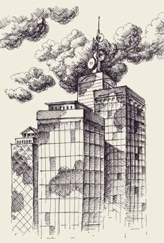 an ink drawing of some buildings with clouds in the sky above them and a clock on top