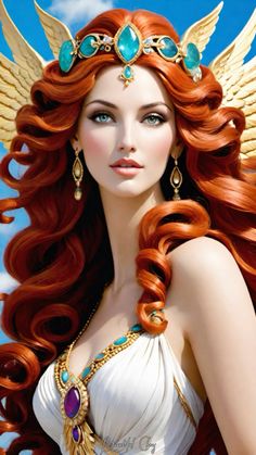 a painting of a woman with long red hair and angel wings on her head, wearing jewelry
