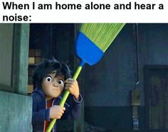 an animated character holding a broom in front of his face and looking at the camera