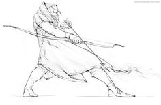 a drawing of a man with a bow and arrow in his hand, holding a long stick