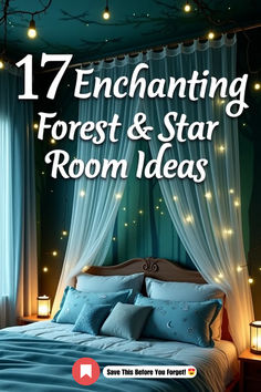 a bed with blue sheets and lights on the headboard, in front of a window