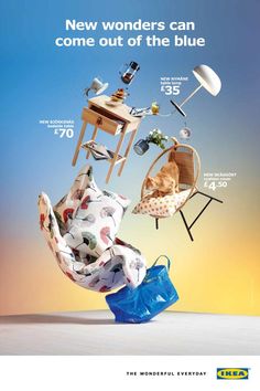 an advertisement for ikea furniture and accessories with a cat sitting on a chair in the middle
