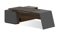 a computer desk with a wooden top and metal accents on the bottom, in front of a white background