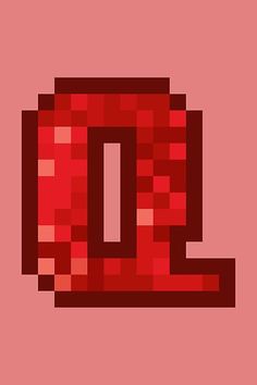 the letter q is made up of small squares and pixels in red, brown, and pink