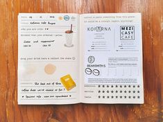 an open book on a wooden table with writing and pictures in the pages next to it